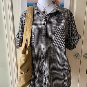 Vtg 90s Cottagecore White Stag Black and White Gingham Short Sleeve Button Up